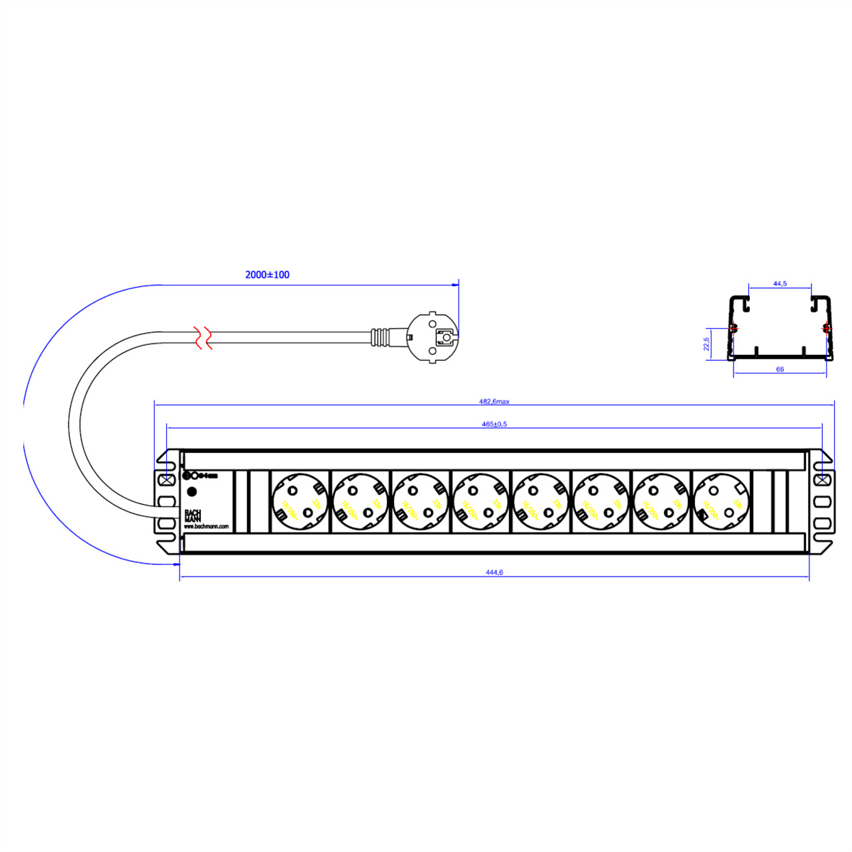 Disegno tecnico che mostra una ciabatta con più prese e dimensioni.