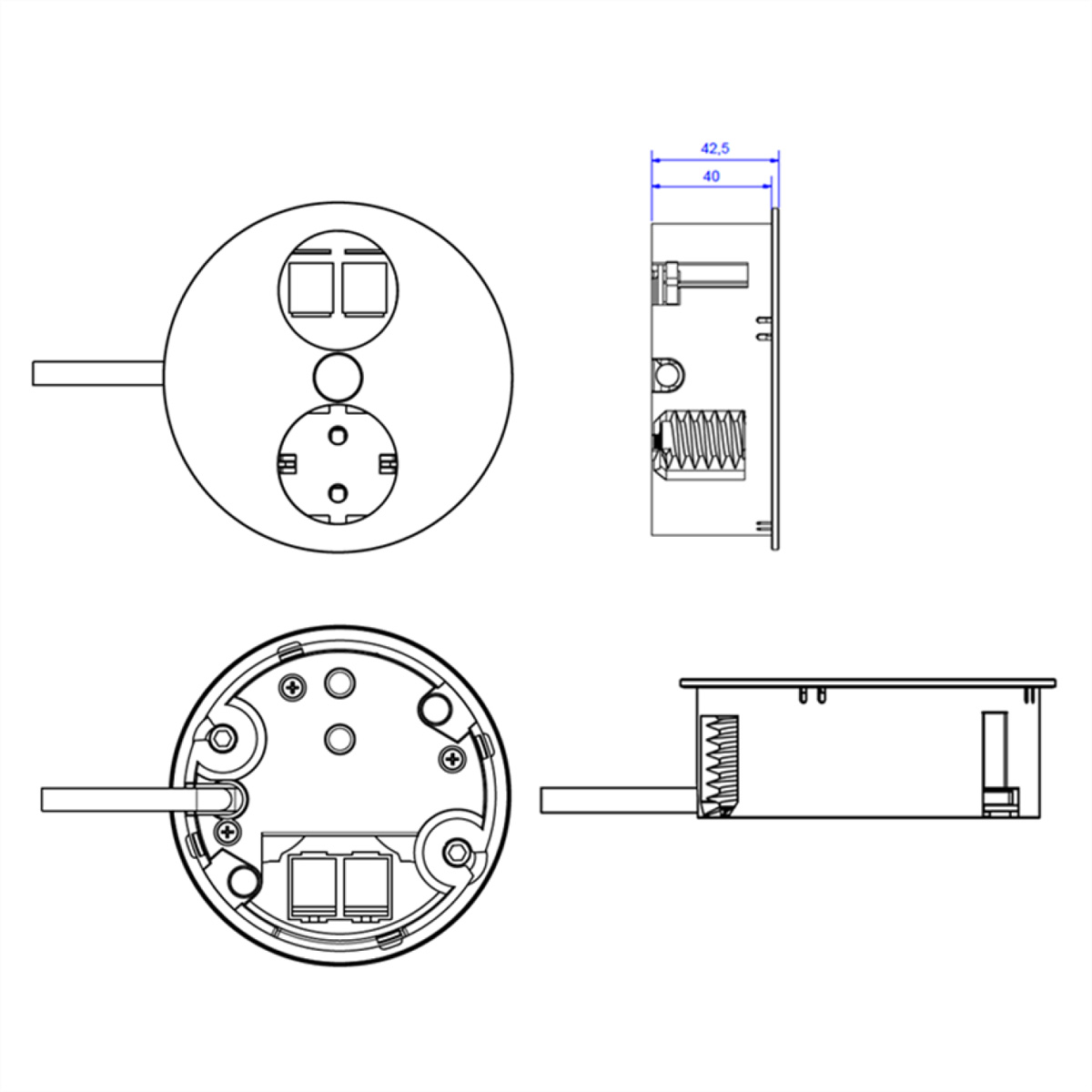 Disegno tecnico di componenti elettrici con dimensioni per l'installazione.