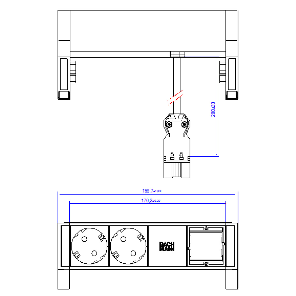 Disegno tecnico. Vista dall'alto di un dispositivo con misure. Vista inferiore con logo Bachmann.