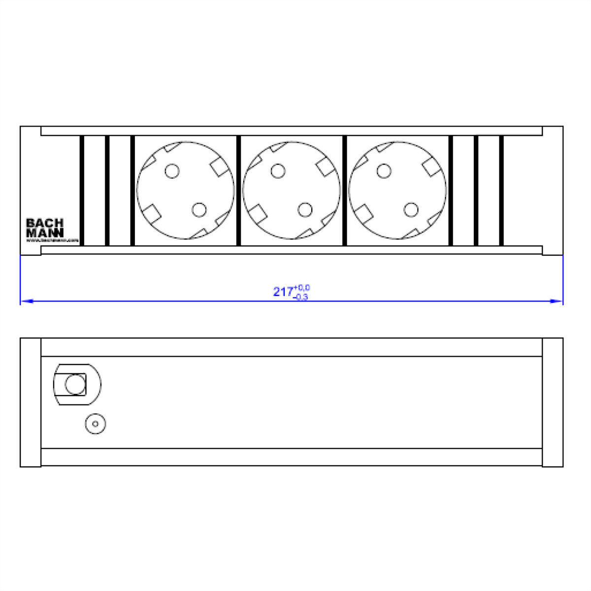 Rysunek techniczny prostokątnego elementu. Ma trzy okrągłe cechy i jest oznaczony wymiarami.