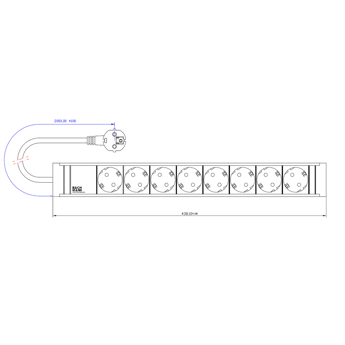 Disegno tecnico di una ciabatta con spina, dimensioni e testo.