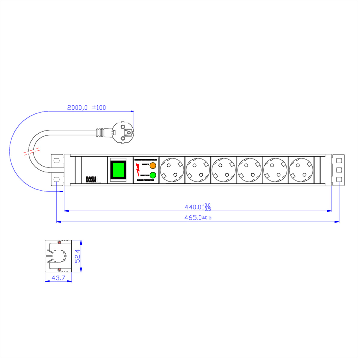 Rysunek techniczny listwy zasilającej z wymiarami i elementami elektrycznymi.