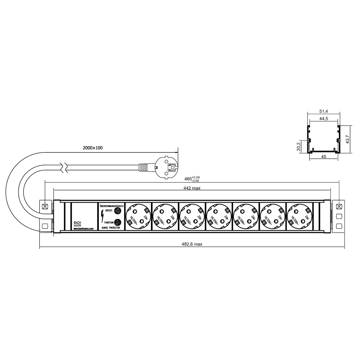Diagramma di una ciabatta con sette prese, una spina e annotazioni dimensionali.