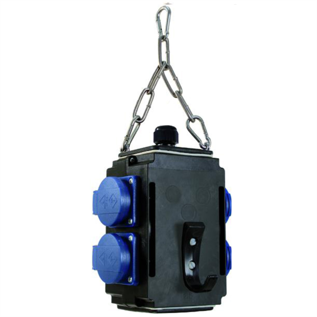 Schwarze elektrische Anschlussdose mit blauen Steckdosen, hängt an einer Kette.