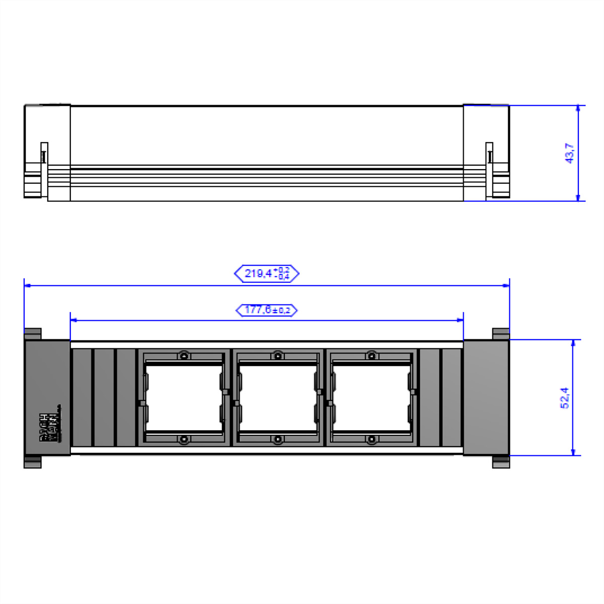 Technische tekening van een apparaat. Boven- en vooraanzicht met afmetingen in millimeters.