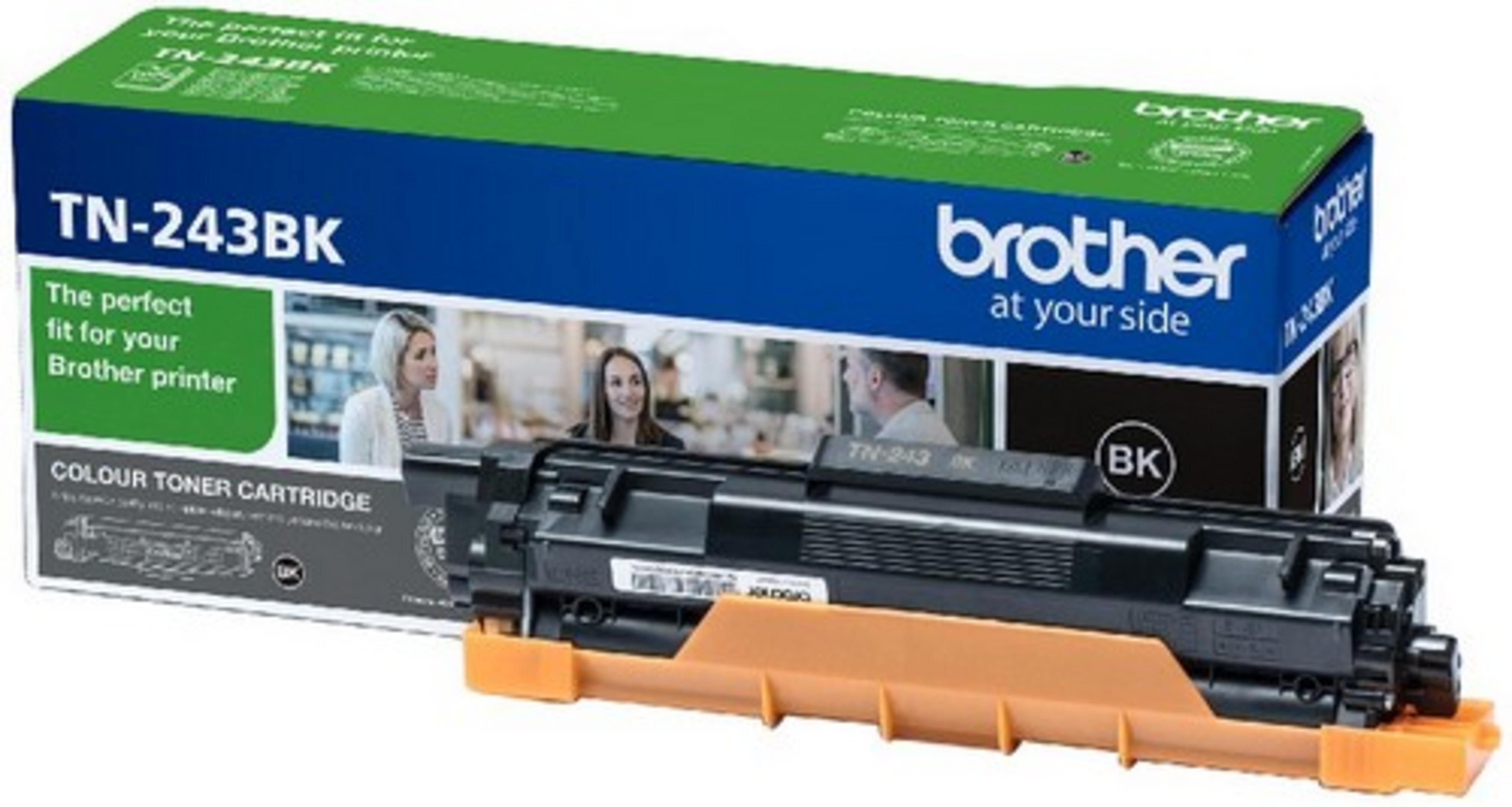 Brother printer cartridge in a box. Green and blue box with a picture and text.