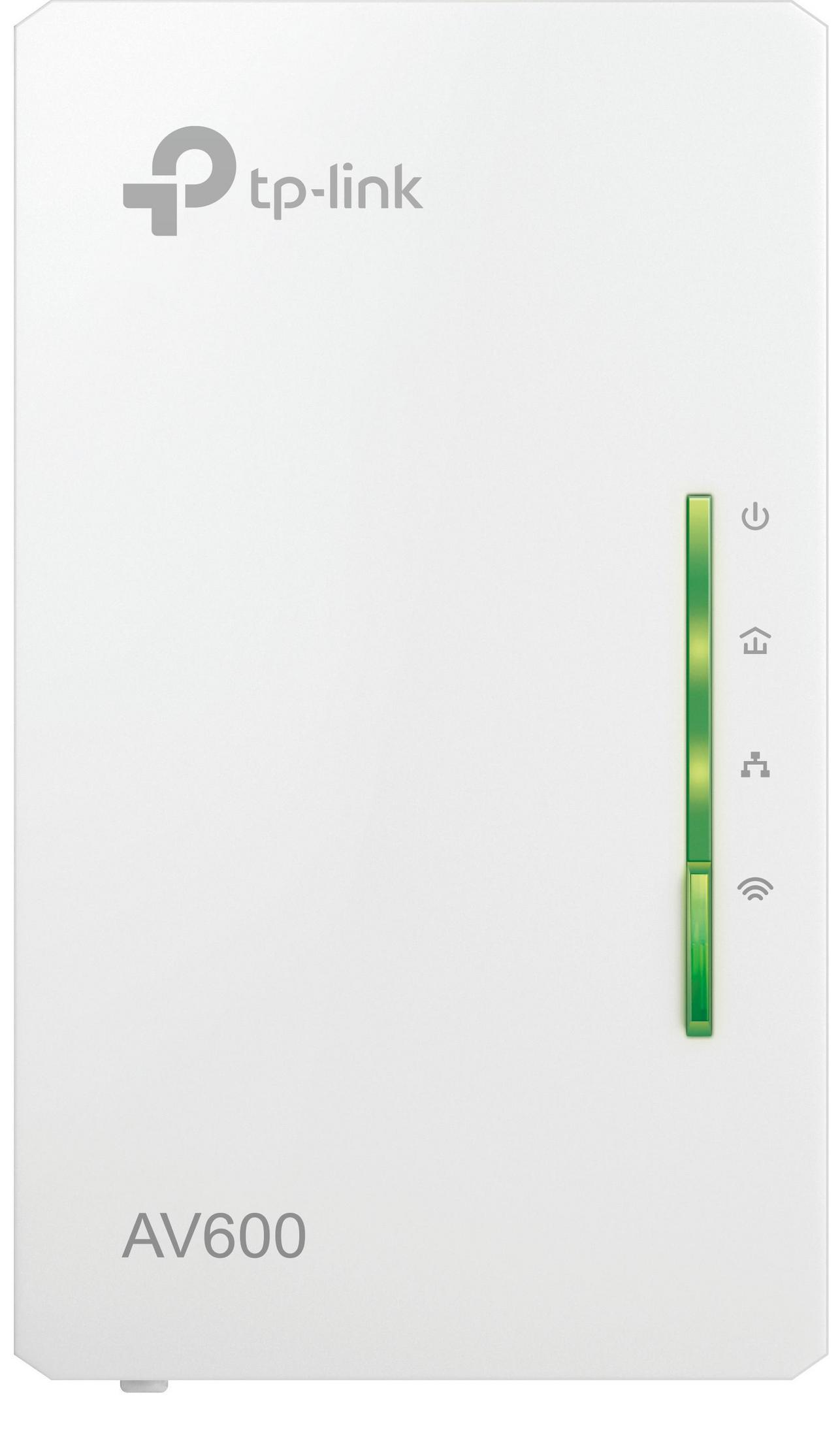 Adaptador Powerline TP-Link AV600 blanco. Tiene luces indicadoras verdes y un logotipo.