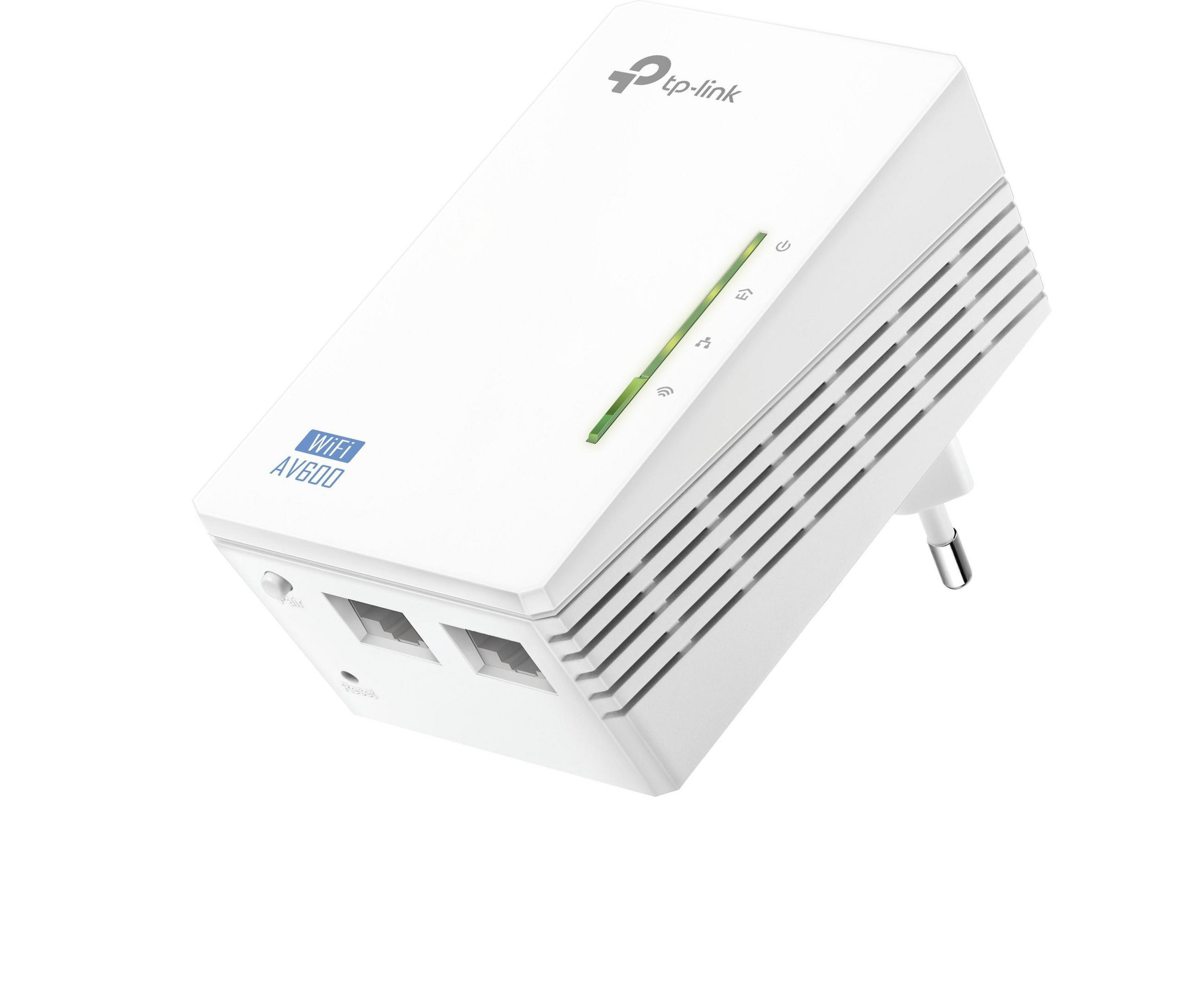 Extensor WiFi blanco con dos puertos y luces indicadoras. Se ve un enchufe.