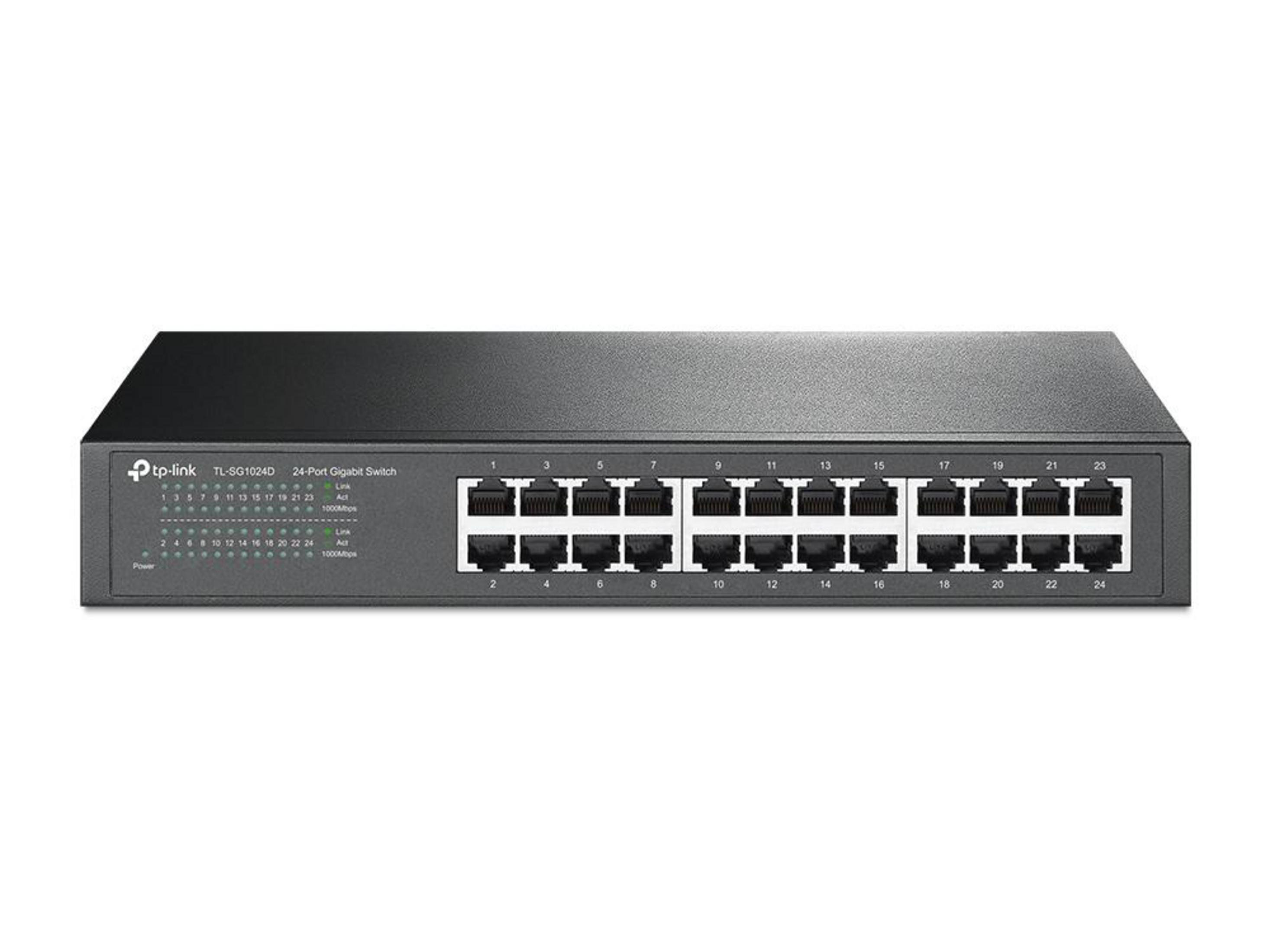 Zwarte 24-poorts Gigabit switch. Meerdere netwerkpoorten. Witte achtergrond.