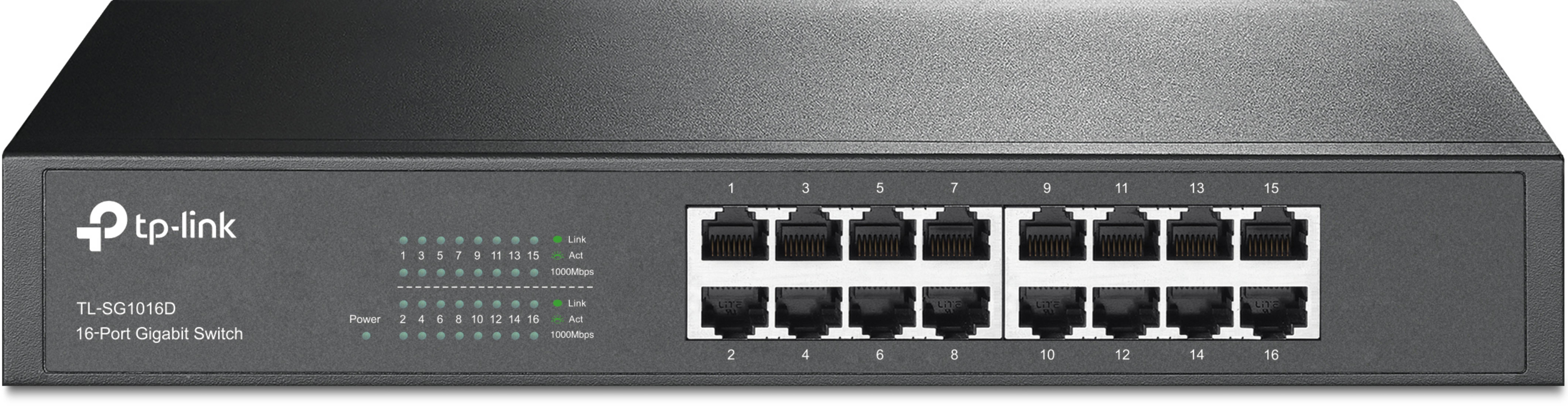 Czarny przełącznik sieciowy z 16 portami i wieloma wskaźnikami LED. Widoczne jest logo tp-link.