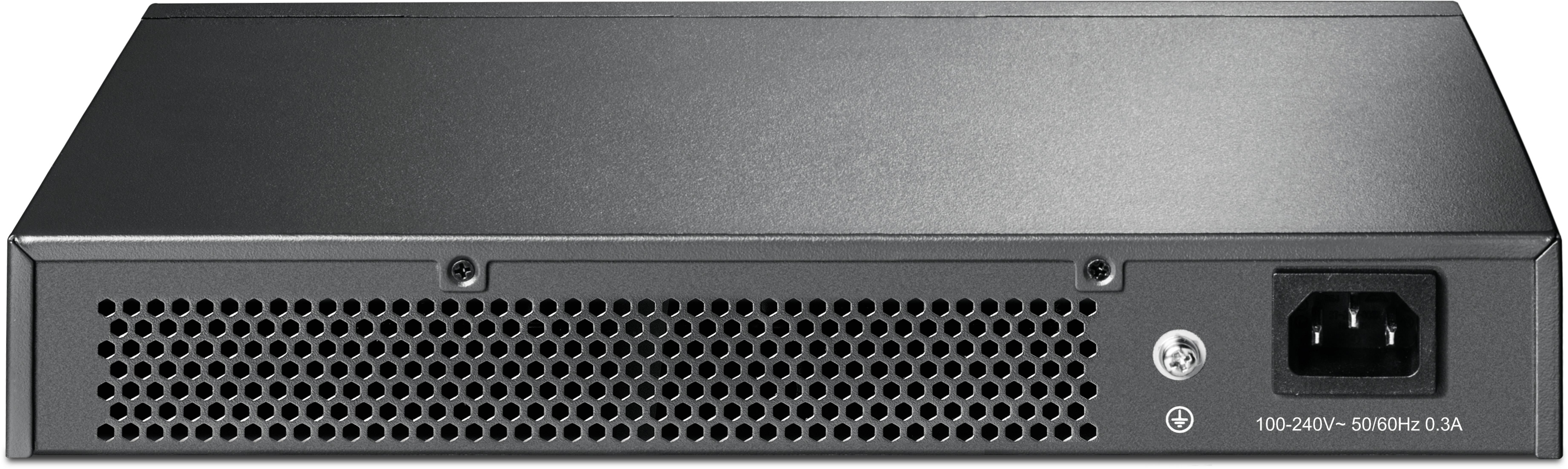 Tył czarnego przełącznika sieciowego z otworami wentylacyjnymi i portem zasilania.