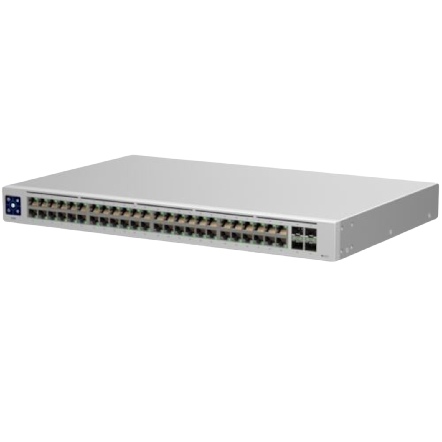 Ein hellgrauer Netzwerk-Switch. Es hat viele Ports und blaue Lichter. Es steht vor schwarzem Hintergrund.