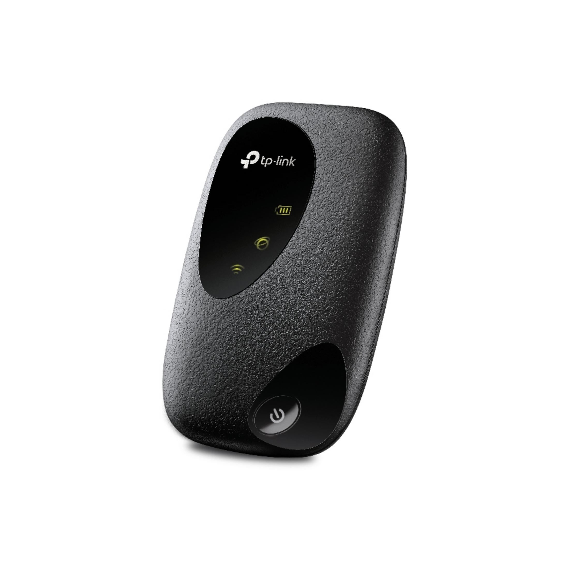 Schwarzer tp-link Router. Es hat einen Ein- / Ausschalter und Kontrollleuchten, auf weißem Hintergrund.