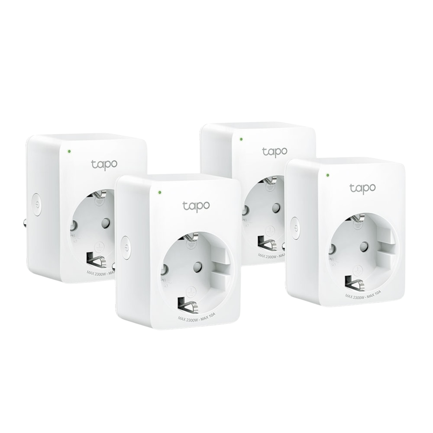 Vier weiße Smart Plugs mit dem 'tapo' Logo. Sie sind in eine Steckdose gesteckt.