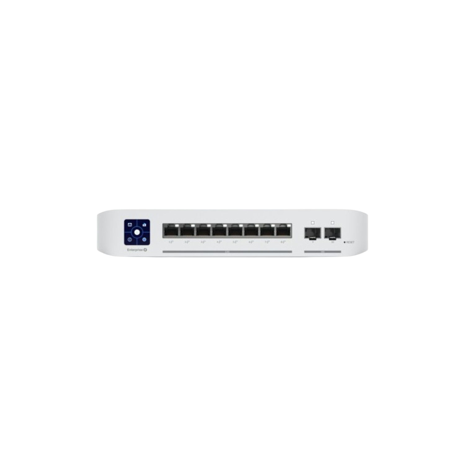 Switch di rete bianco con più porte. Ha spie luminose e il logo Enterprise.