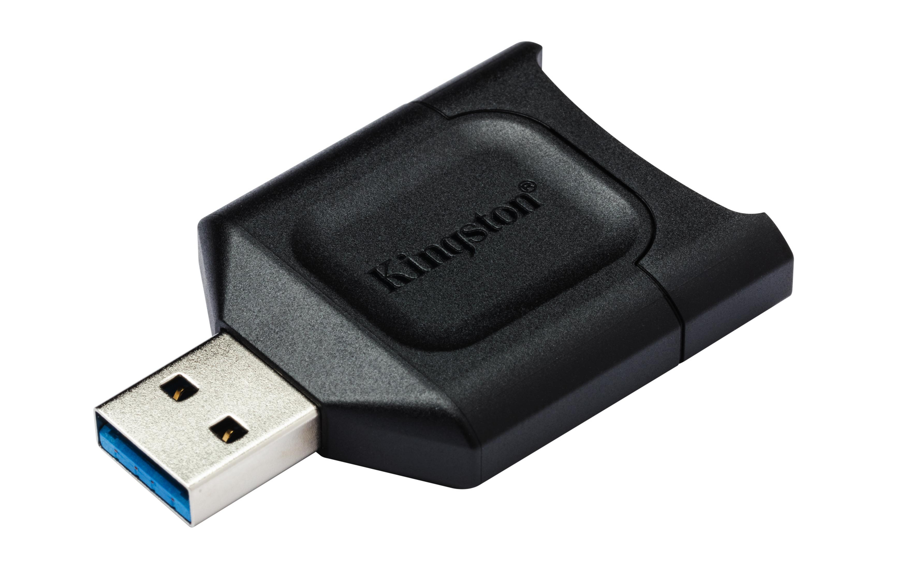 Czarny czytnik kart USB Kingston ze złączem USB, na białym tle.