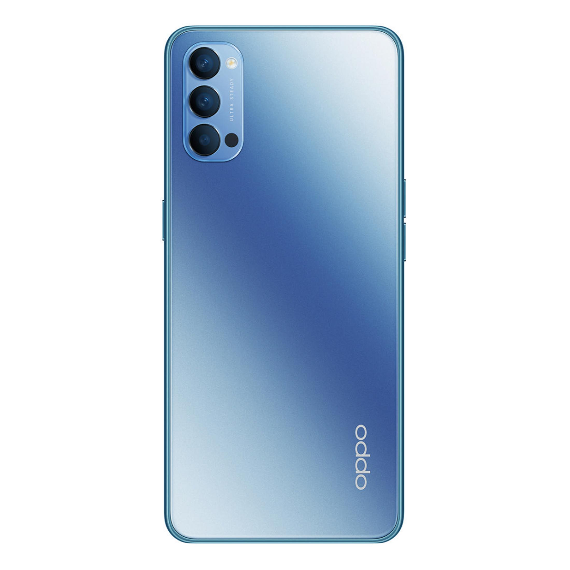 Blaues Gradient Oppo-Telefon auf weißem Hintergrund. Verfügt über drei Kameras und das Oppo-Logo.