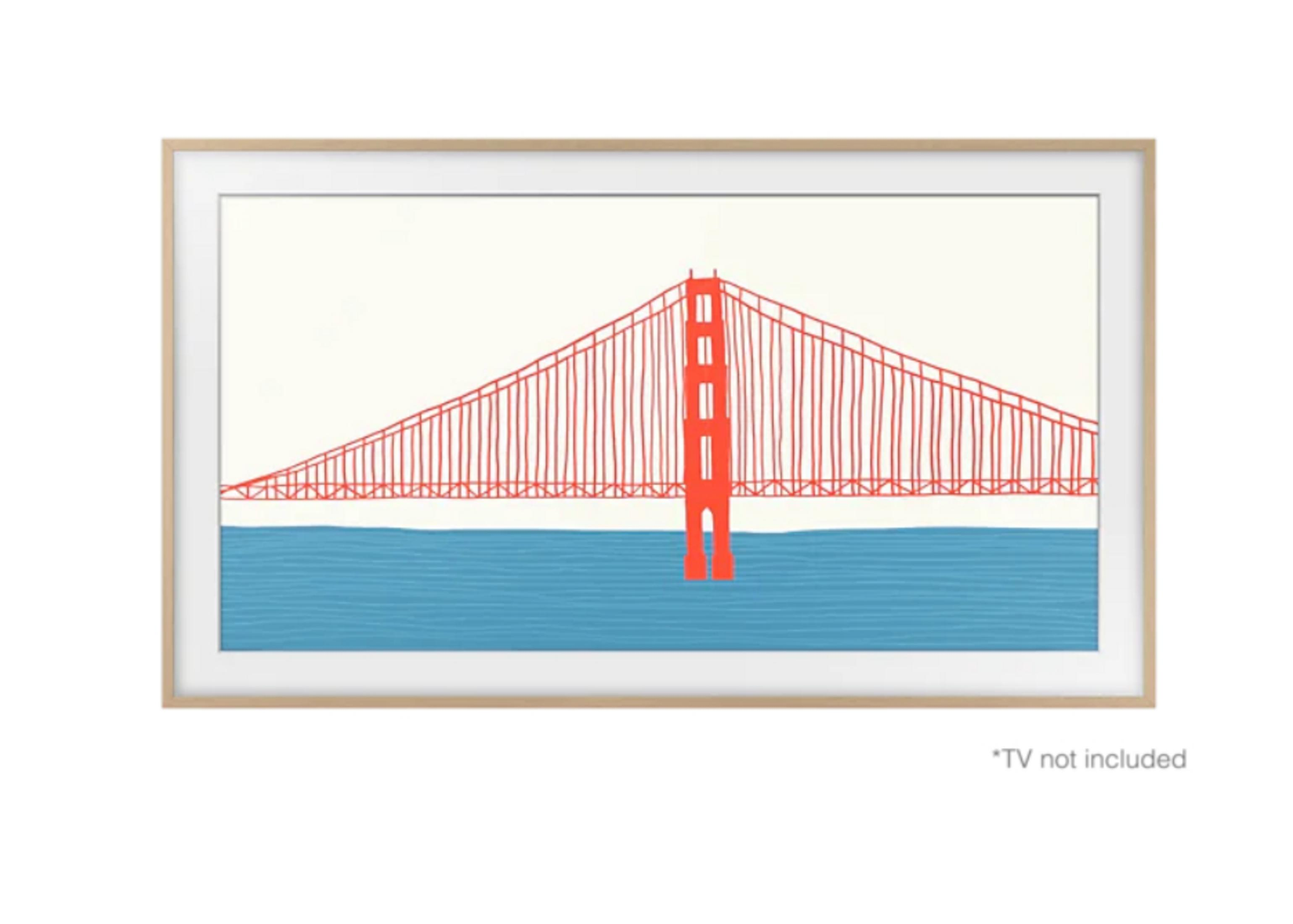 Gerahmtes Kunstwerk der Golden Gate Bridge. Rote Brücke über blauem Wasser. Beiger Rahmen. Weißer Hintergrund.