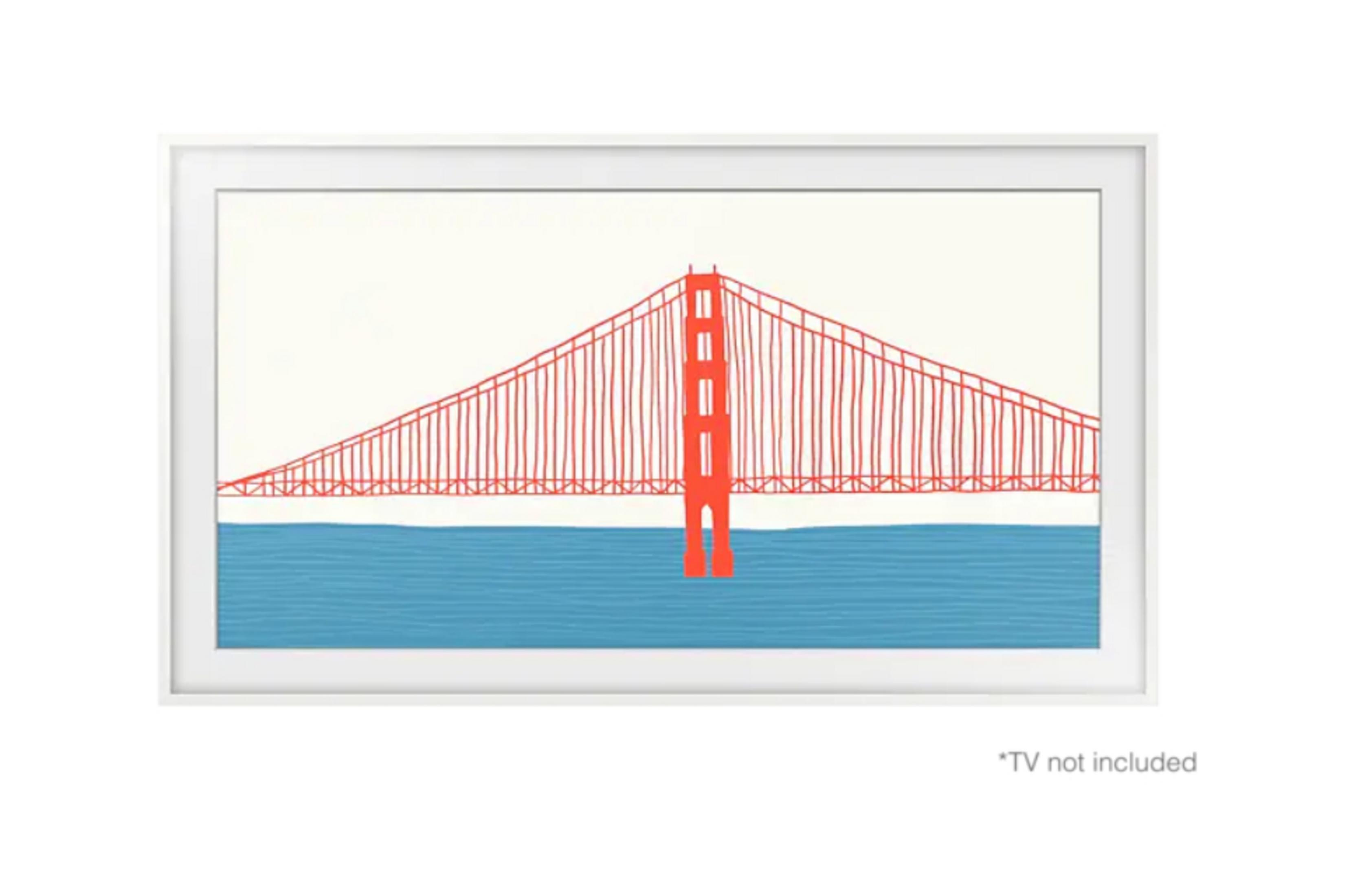 Ilustracja mostu Golden Gate w białej ramie. Most jest czerwony, woda niebieska.