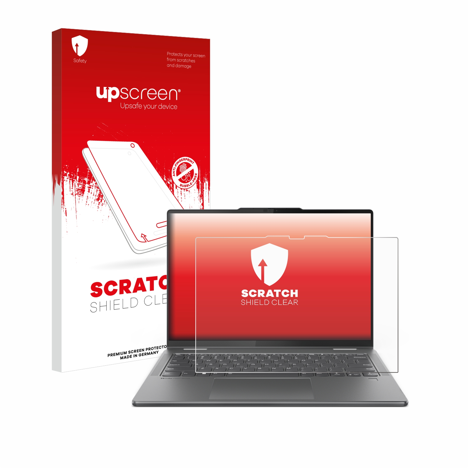 Laptop mit Displayschutzfolie und einer Box. Die Box zeigt ein Laptop-Bild und die klare Folie.