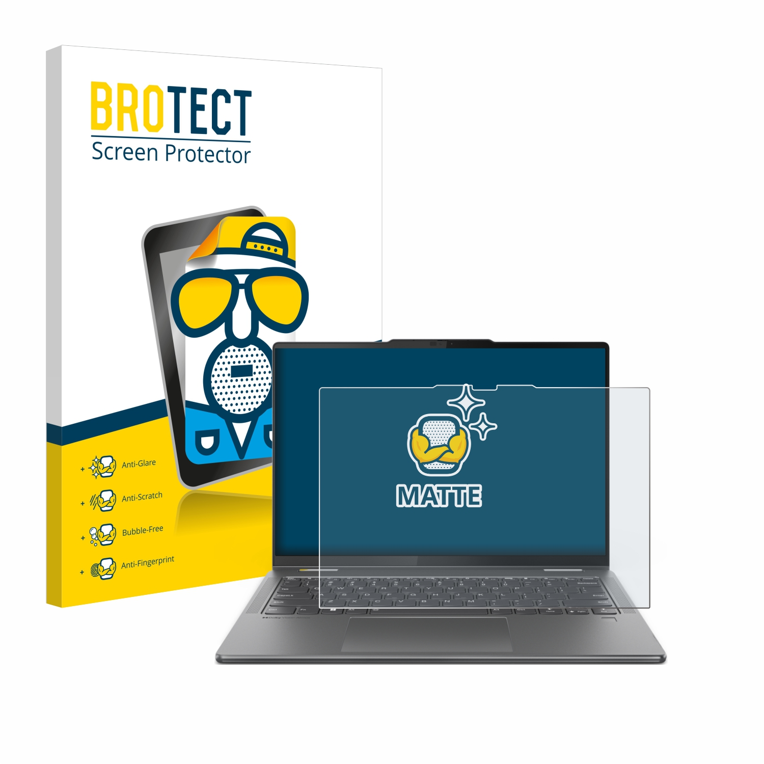 Laptop mit Displayschutzfolie und Schachtel. Der Laptop hat Schutz und eine Schachtel mit Produktinformationen.