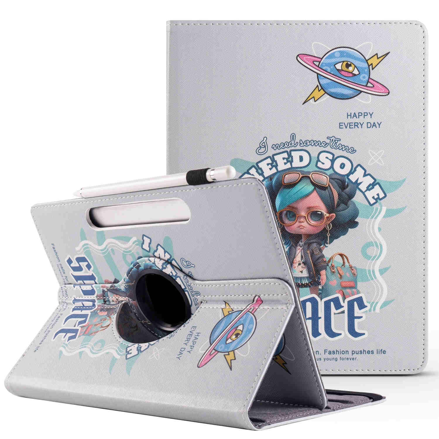 Tablethülle mit Cartoon-Mädchen-Design. Tablet und Stift auf hellgrauem Hintergrund. Die Hülle ist geöffnet.