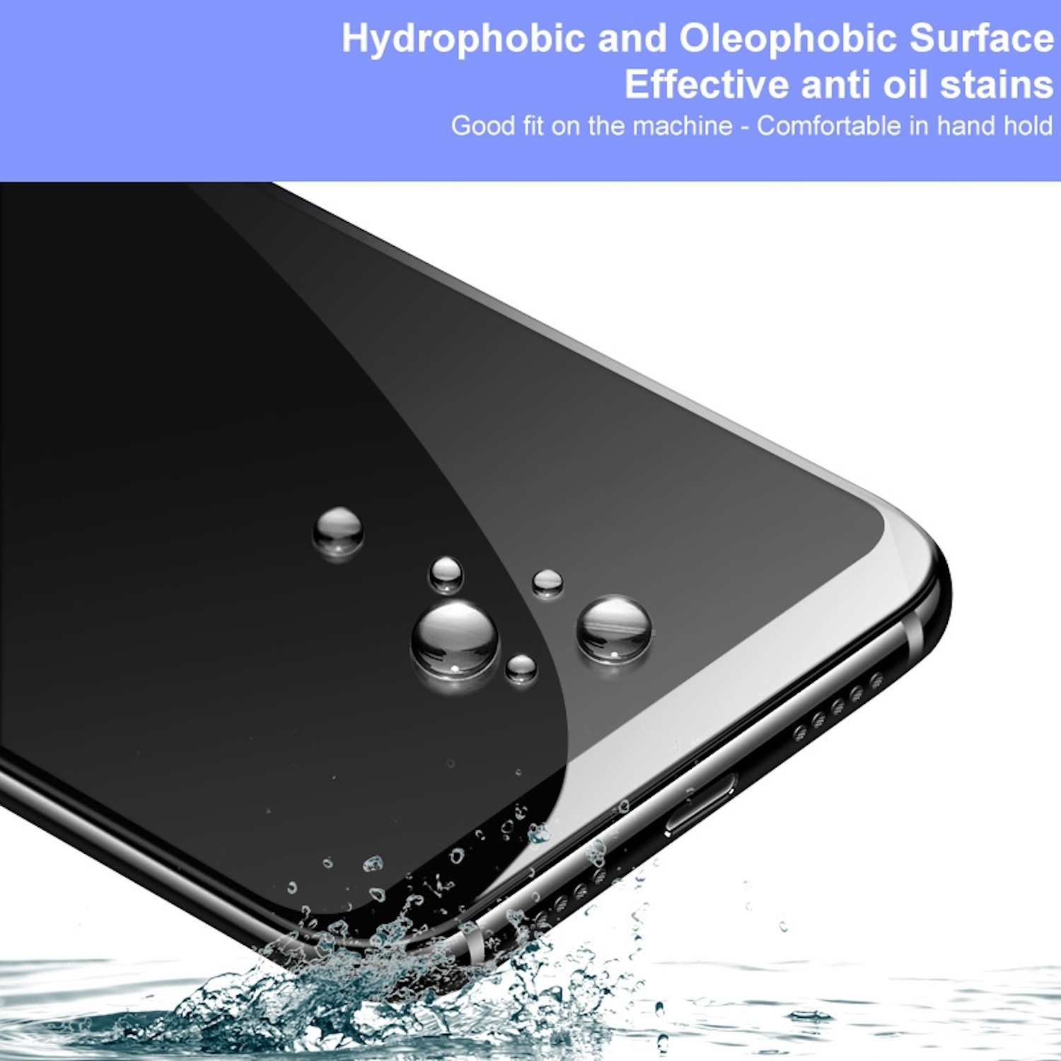 Schwarzes Telefon mit Wassertropfen auf dem Bildschirm.
