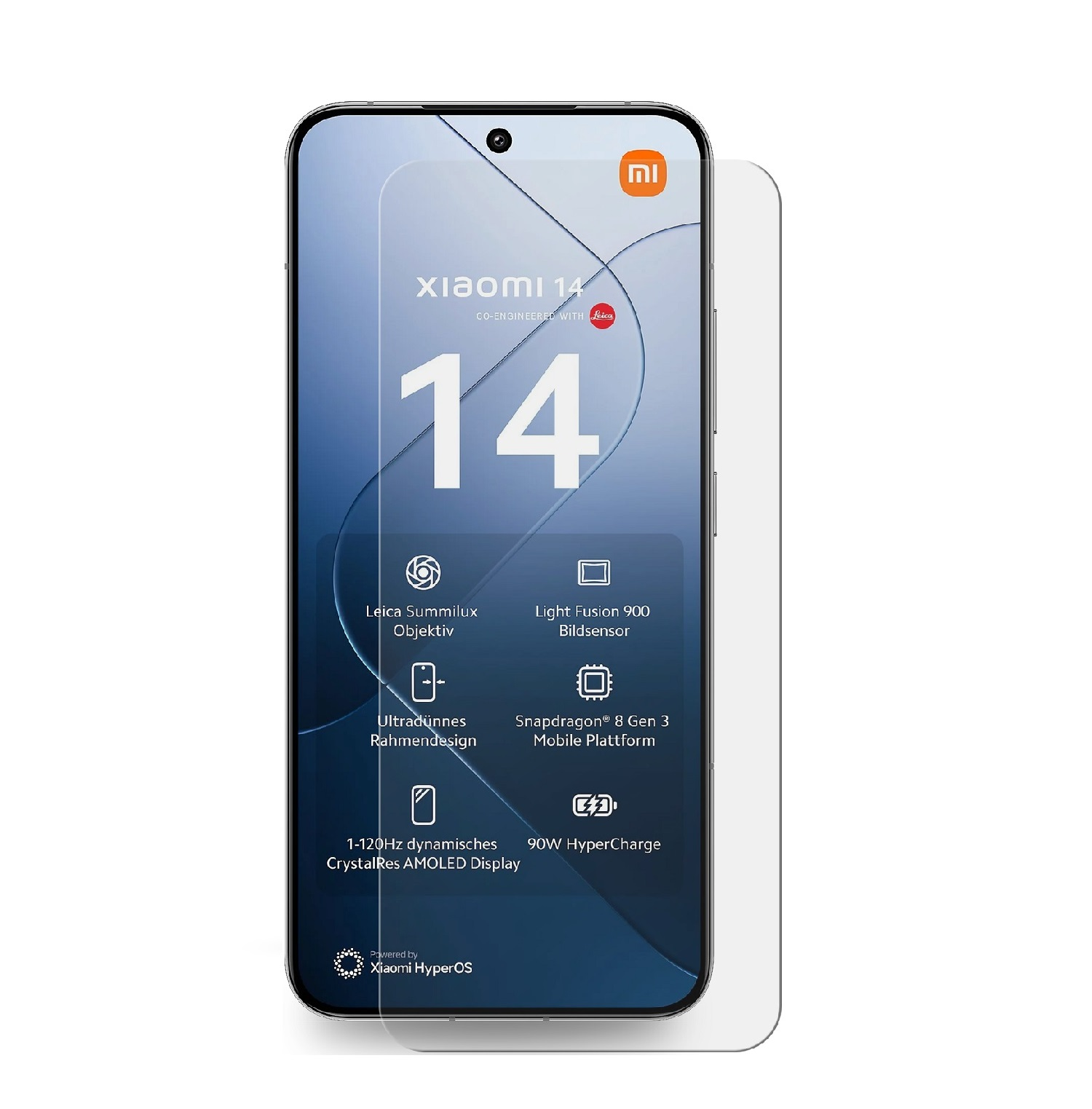 Xiaomi 14 Telefon mit angebrachtem Displayschutz. Telefon ist schwarz, mit weißer Schutzfolie auf dem Bildschirm.
