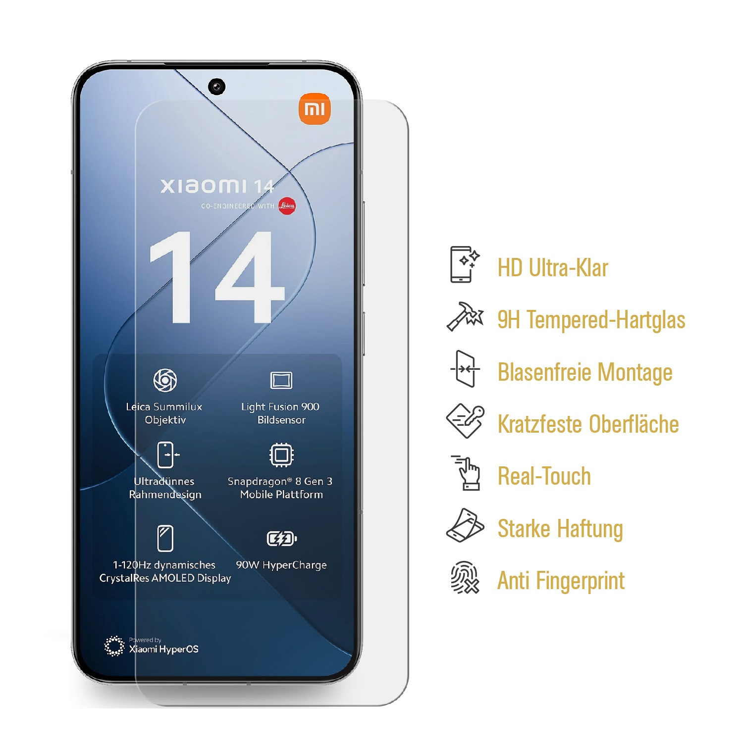 Ein weißes Smartphone mit Displayschutzfolie, Werbetext und Icons.