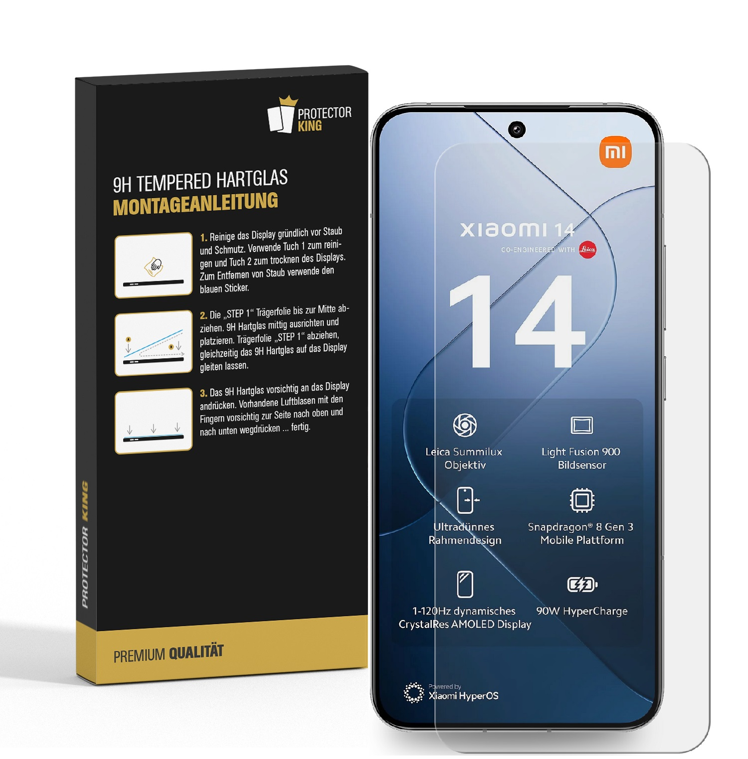 Ein Telefon mit aufgebrachter Displayschutzfolie neben einer Box mit Anweisungen. Xiaomi 14.