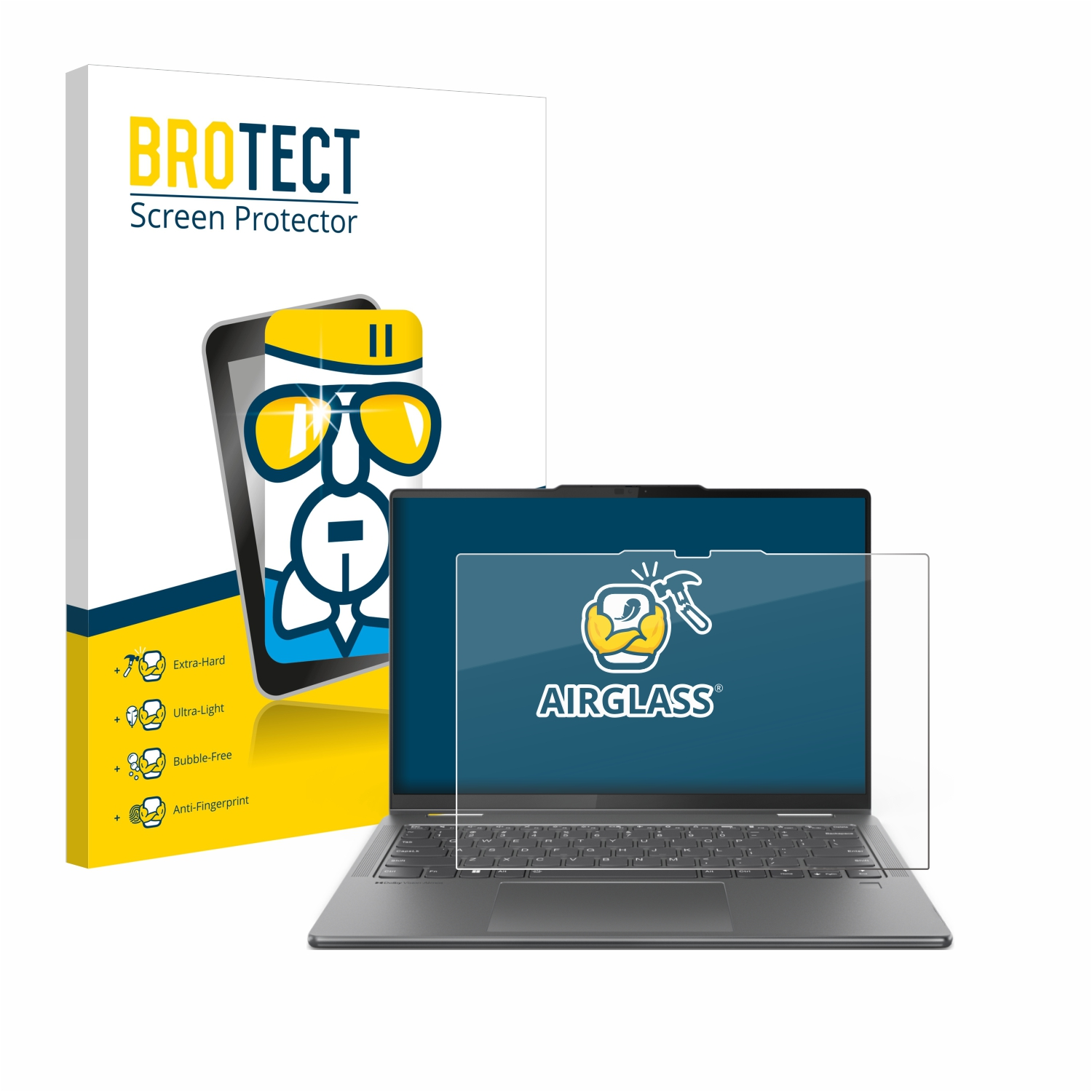 Laptop mit Displayschutzfolie und eine Box mit dem Namen 'BROTECT Screen Protector' dahinter.