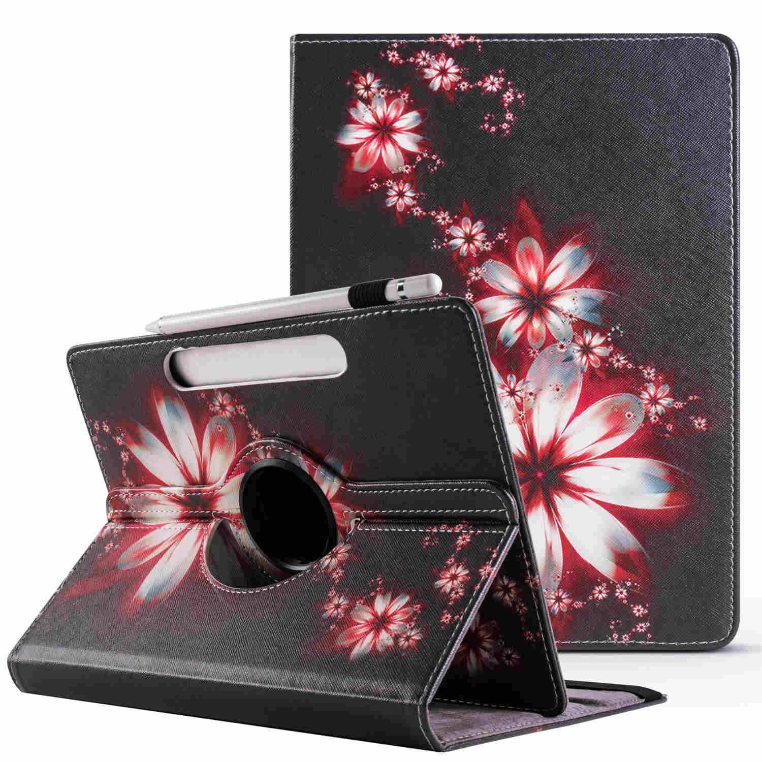Tablethülle mit floralem Design. Die Hülle ist schwarz mit roten und weißen Blumen. Weißer Hintergrund.