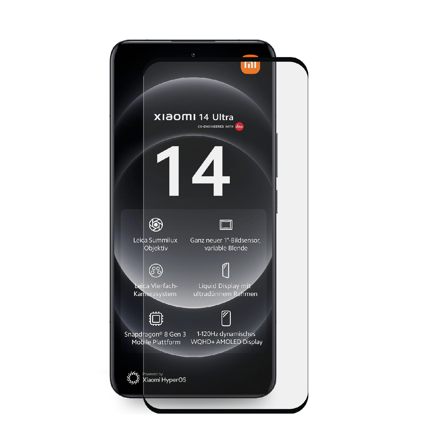 Xiaomi 14 Ultra Telefon, Displayschutzfolie, zeigt Details und Funktionen.