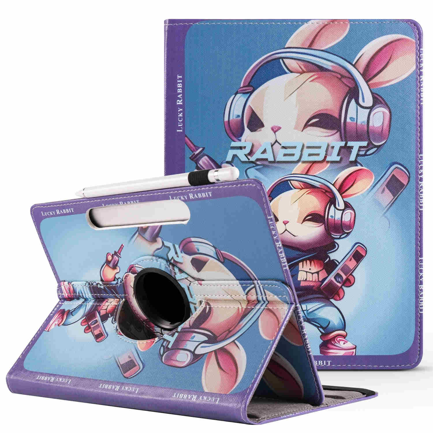 Lila Tablethülle mit Hasenmotiv. Ein weisser Stift ist ebenfalls sichtbar.