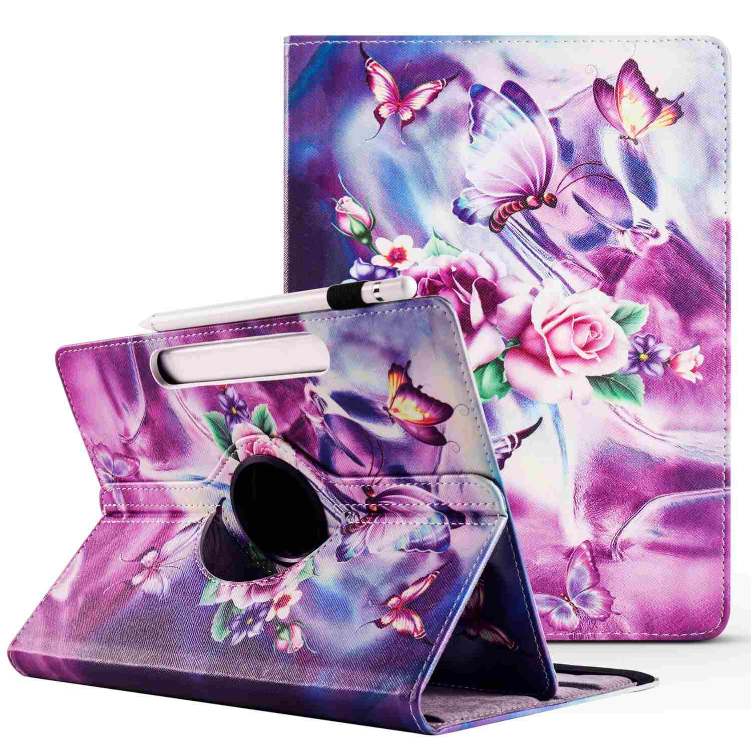 Tablet-Hülle mit Schmetterlingen und Blumen. Die Hülle ist geöffnet.
