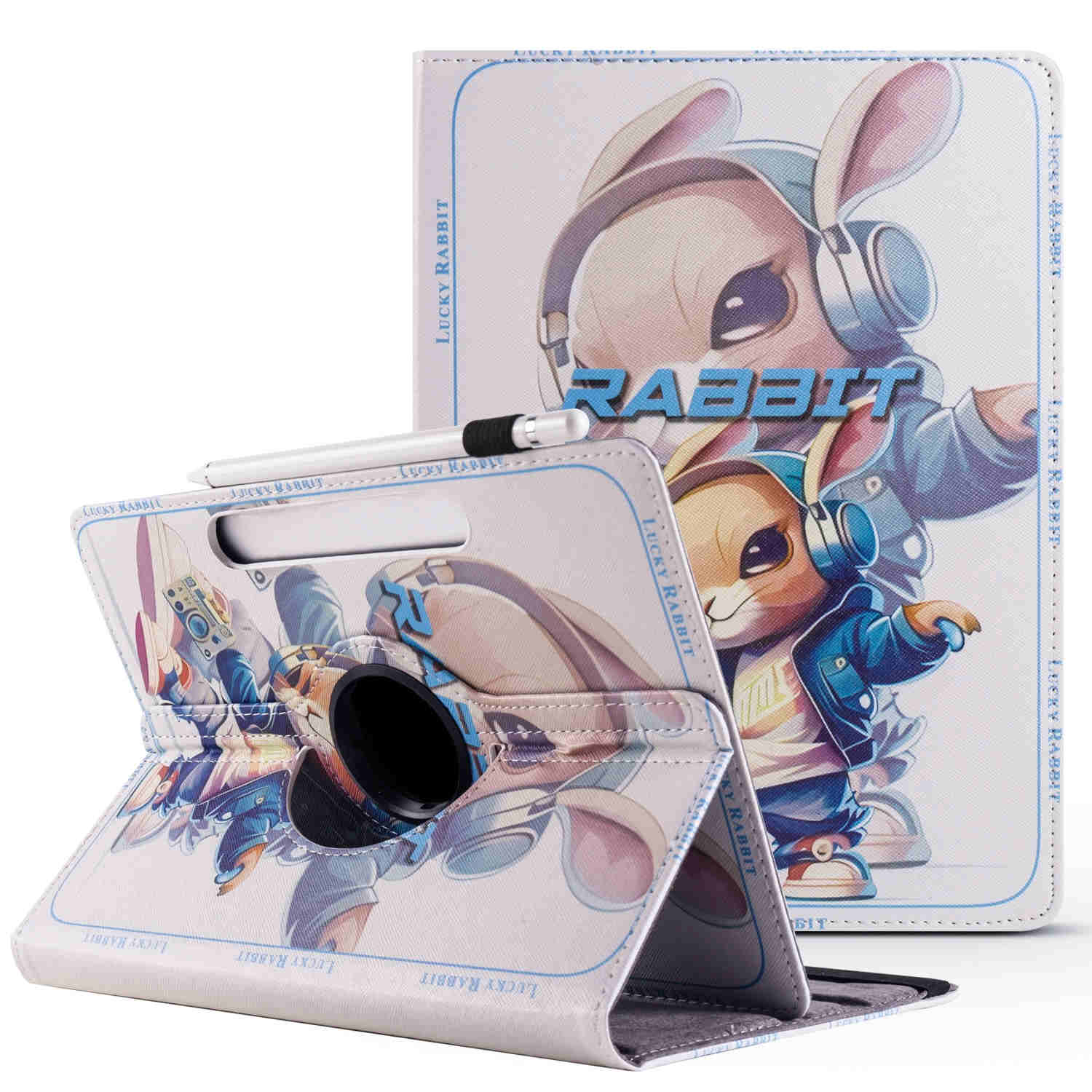 Tablet-Hülle mit Cartoon-Hasen-Design. Ein Stift ist an der Hülle befestigt.