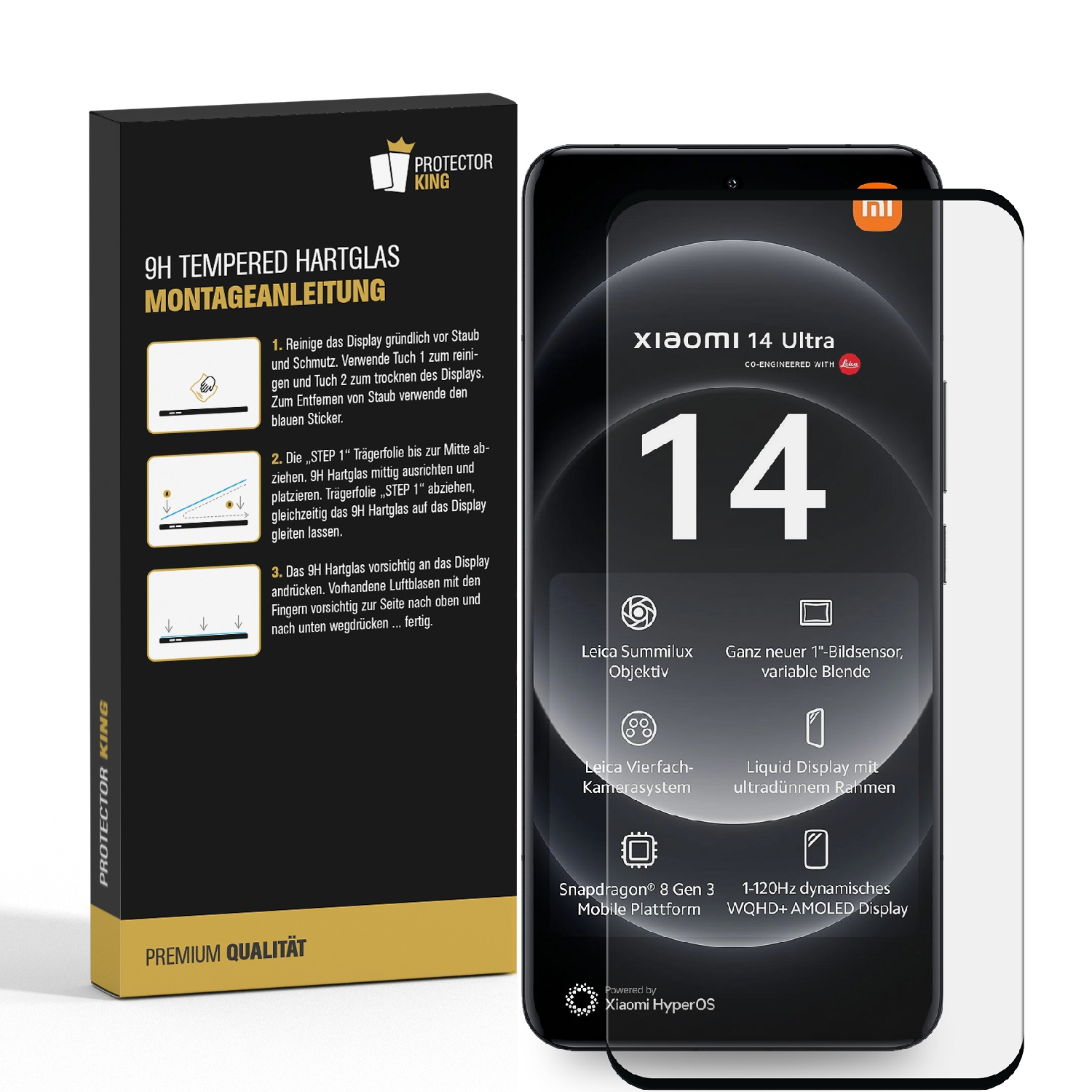 Telefonschutzfolienbox und Telefon. Das Telefon zeigt die Uhrzeit und Produktmerkmale an. Links ist eine schwarze Box.