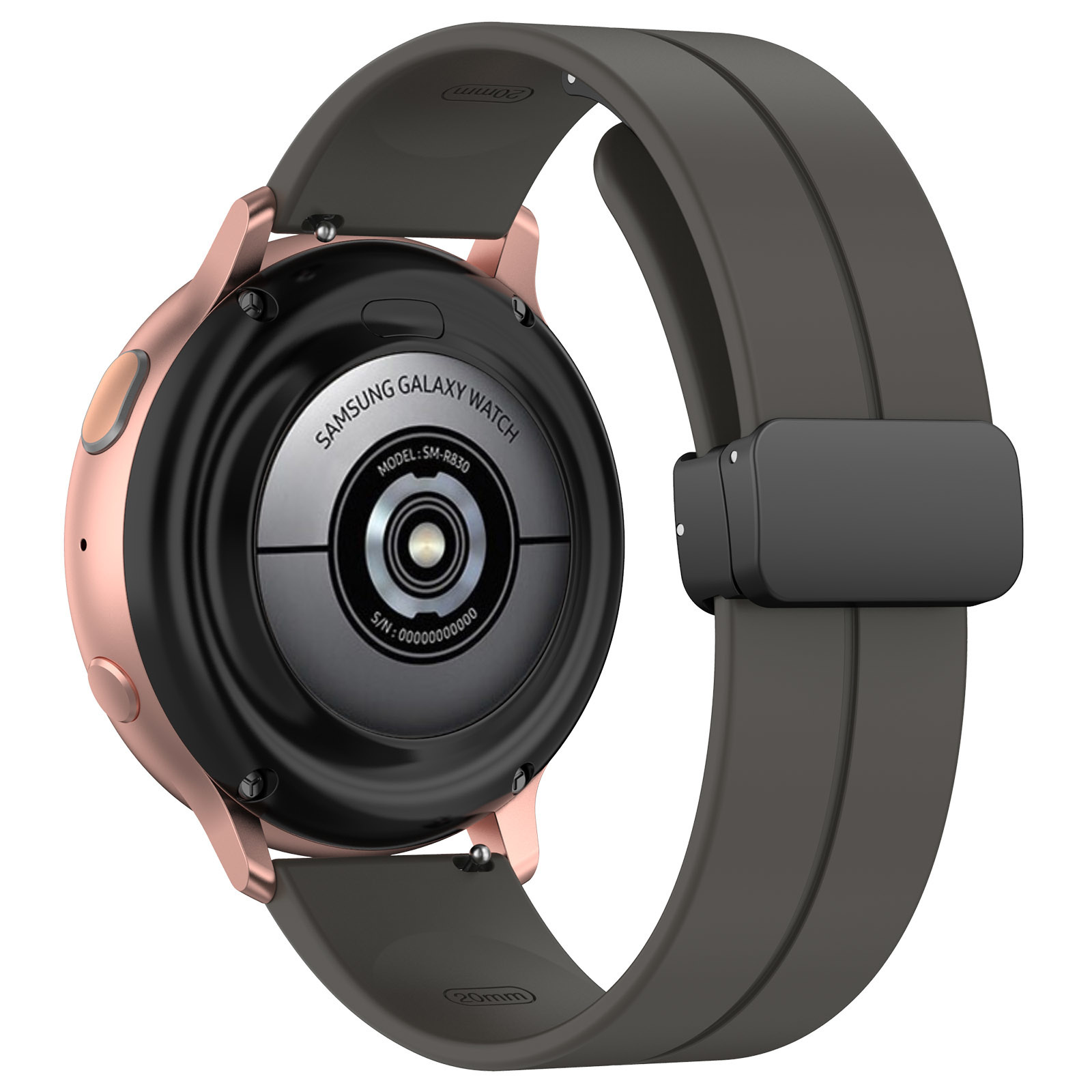 Roségoldene Samsung Galaxy Watch, Rückansicht. Schwarzer Sensor, dunkelgraues Armband mit Schnalle.
