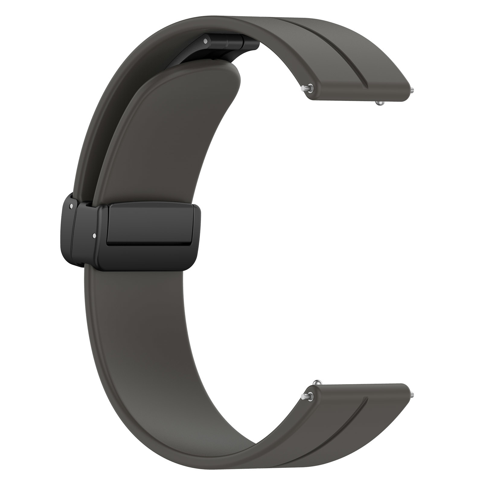Dunkelgraues Armband, gebogen, mit schwarzem Verschluss. Es hat C-Form. Weißer Hintergrund.