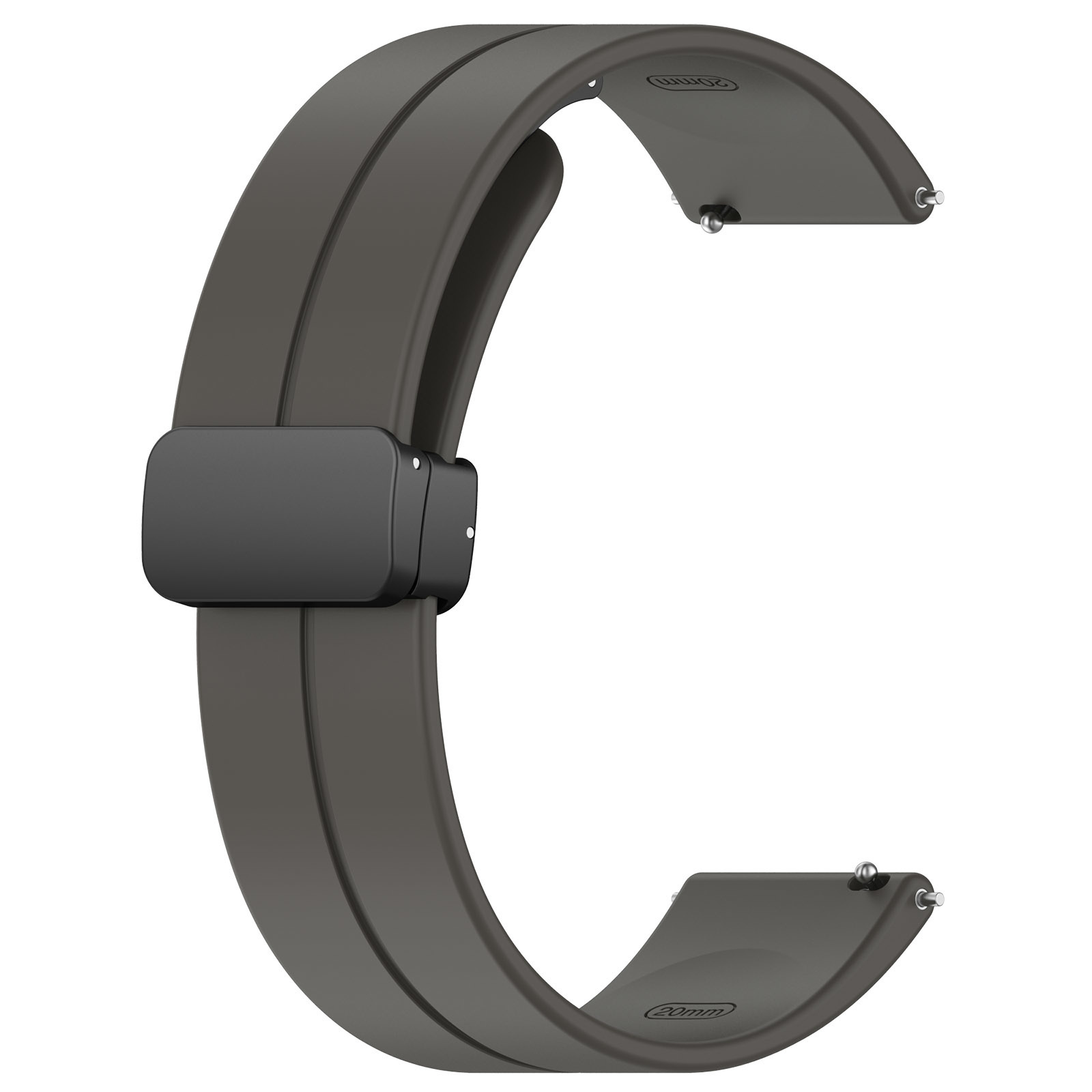 Dunkelgraues, gebogenes Uhrenarmband mit schwarzem Verschluss.