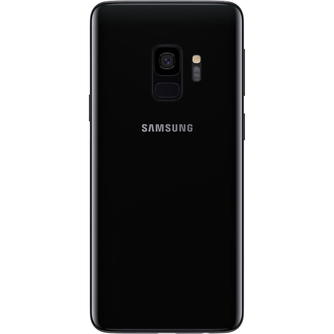 Schwarze Telefonrückseite. Mit Kameras, Samsung-Logo und glänzender Oberfläche.
