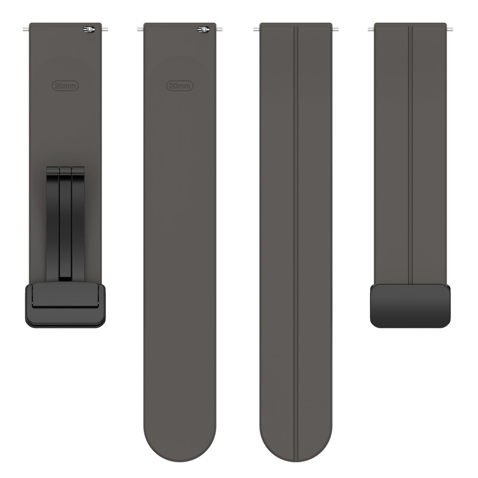 Vier Segmente eines Uhrenarmbands sind abgebildet, schwarz und grau. 20 mm Breite auf jedem markiert.