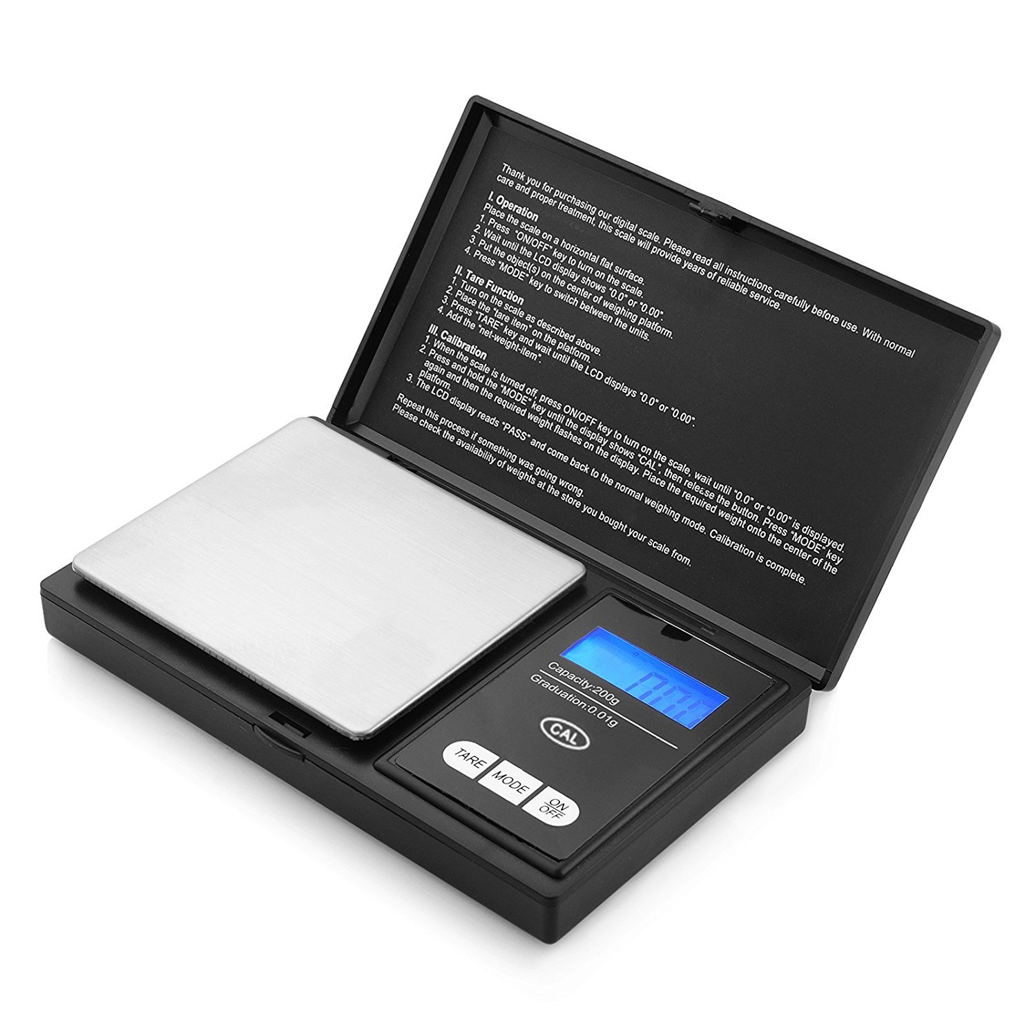 Schwarze und silberne Taschenwaage mit Digitalanzeige.