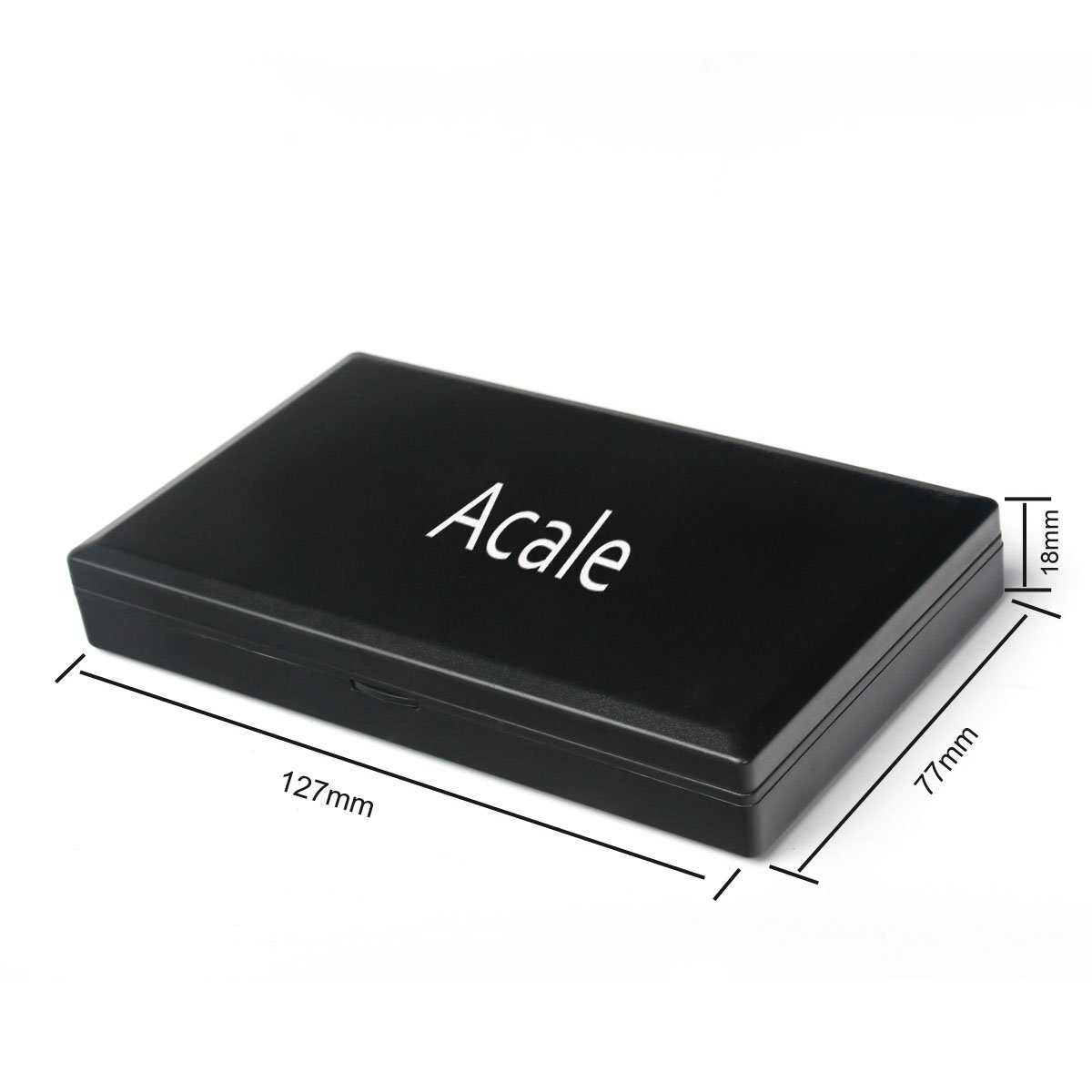 Schwarze rechteckige Box mit weißem 'Acale'. Abmessungen: 127mm x 77mm x 18mm.