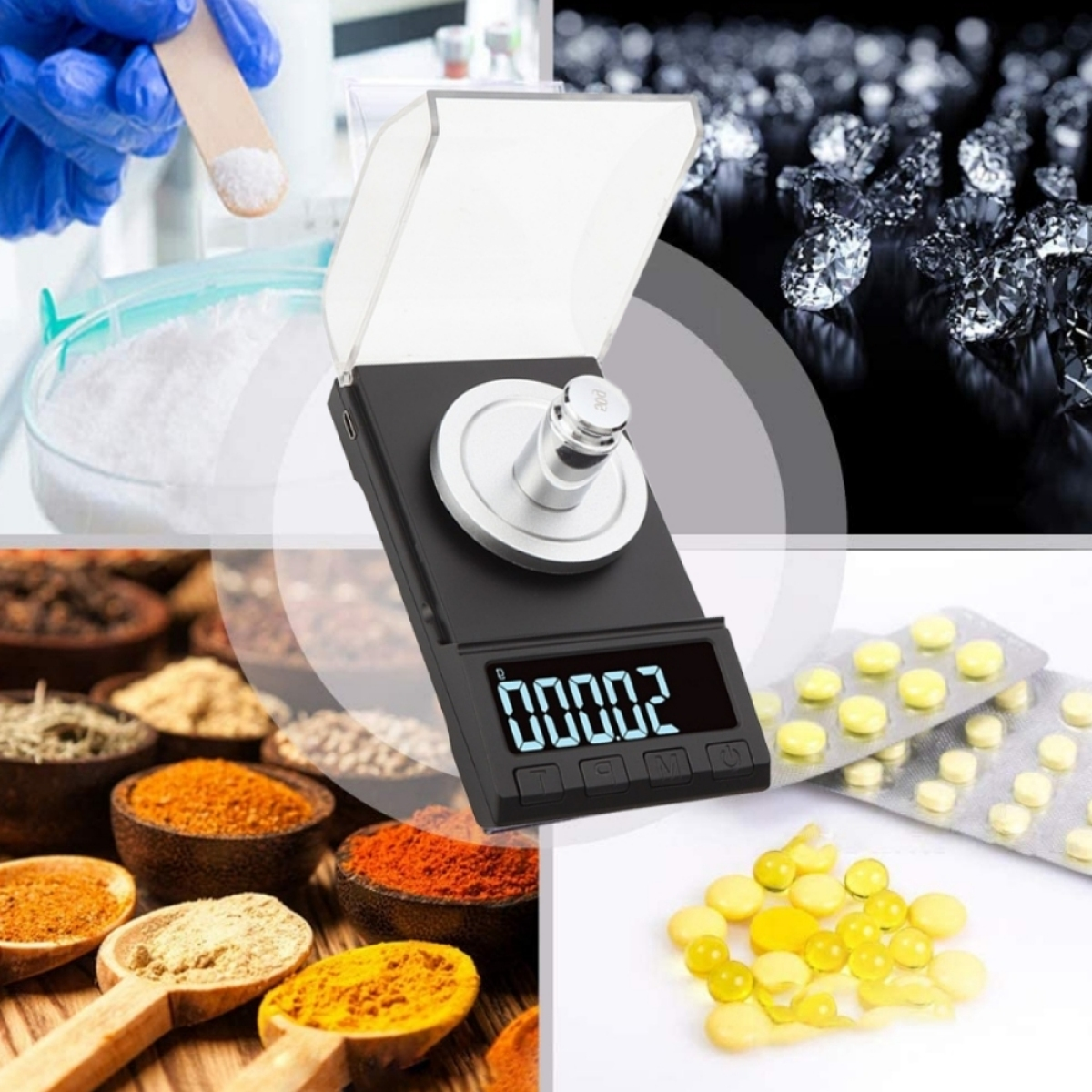 Digitale Waage mit Pulver, Diamanten, Gewürzen, Pillen und Kapseln.