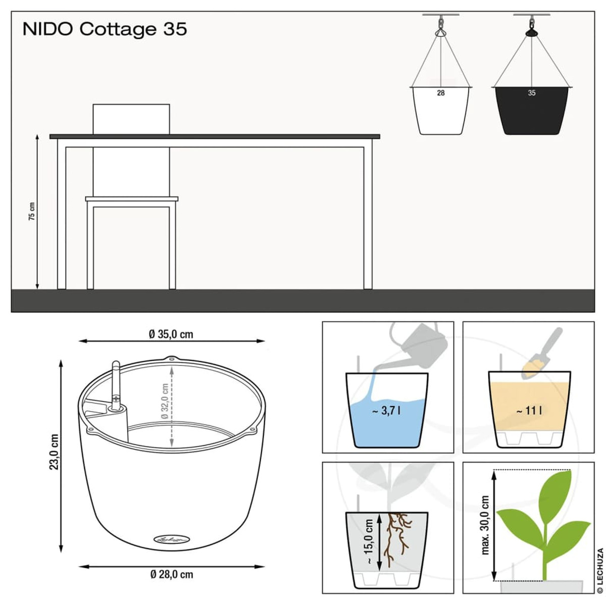 Diagramme d'un pot de plante avec dimensions et instructions.