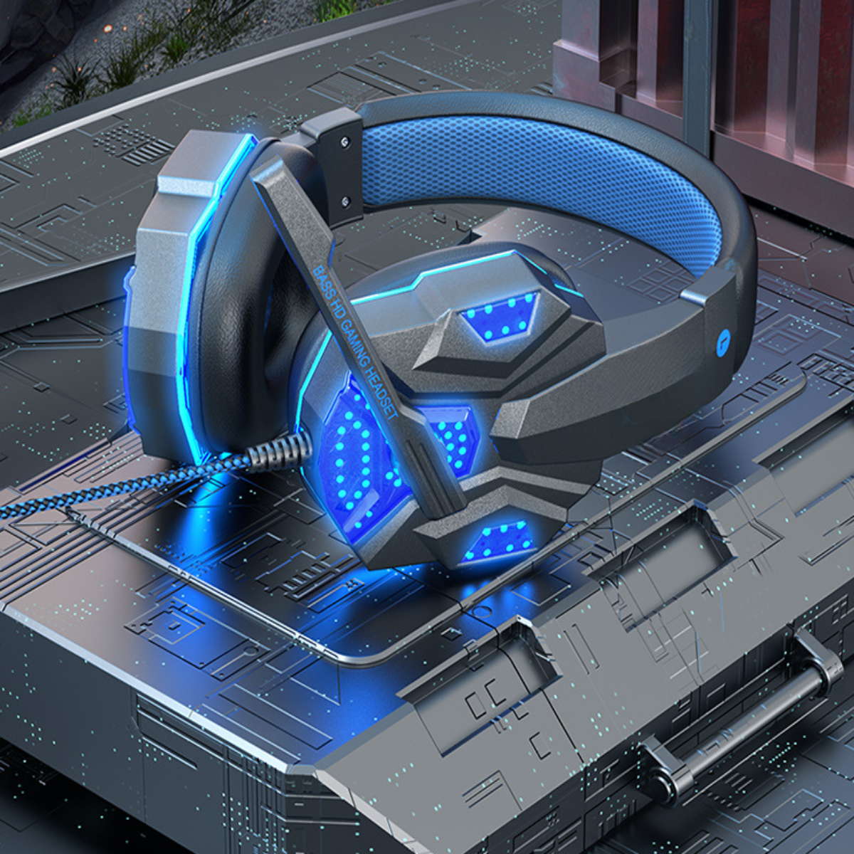 Ein Gaming-Headset mit blauen Lichtern auf einer metallischen Oberfläche. Das Headset ist schwarz und grau.