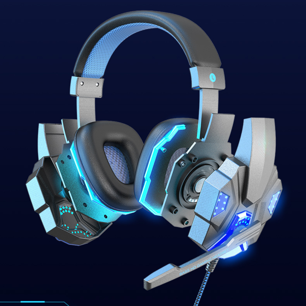 Gaming-Headset mit blauen Lichtern. Grau-schwarzes Design mit Mikrofon.