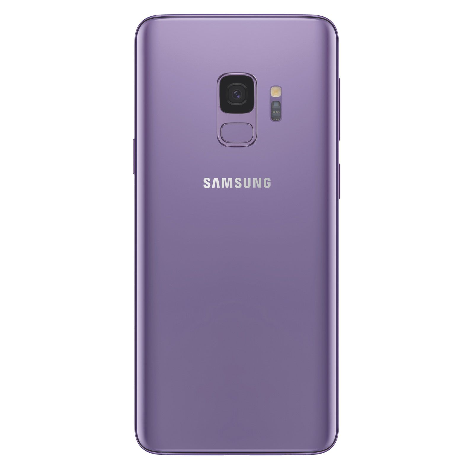 Ein lila Samsung Galaxy S9 Handy mit Dual-Kamera und Samsung Logo auf der Rückseite.