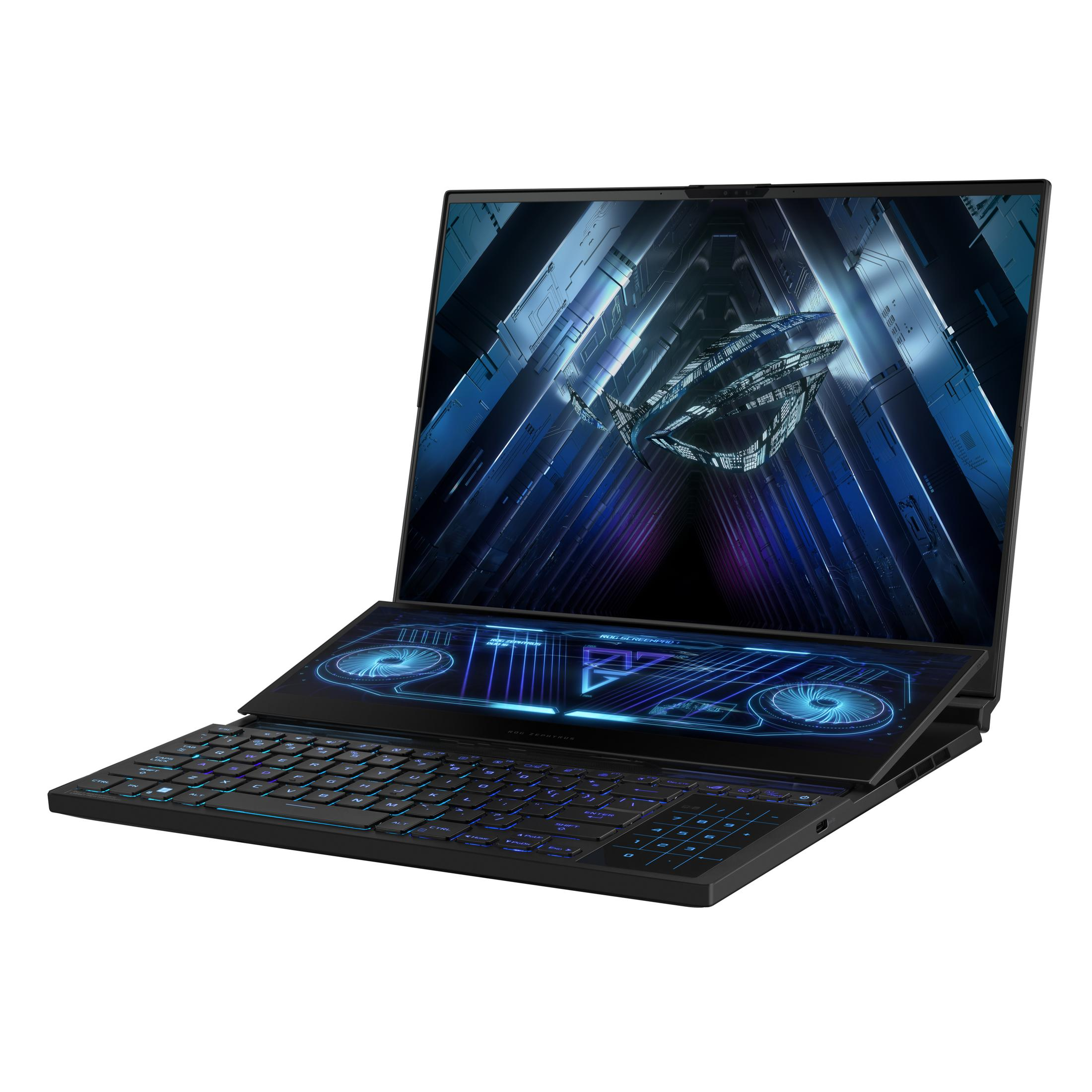 Ein schwarzer Laptop mit einem zweiten Bildschirm. Der Laptop ist auf einer weißen Oberfläche geöffnet.
